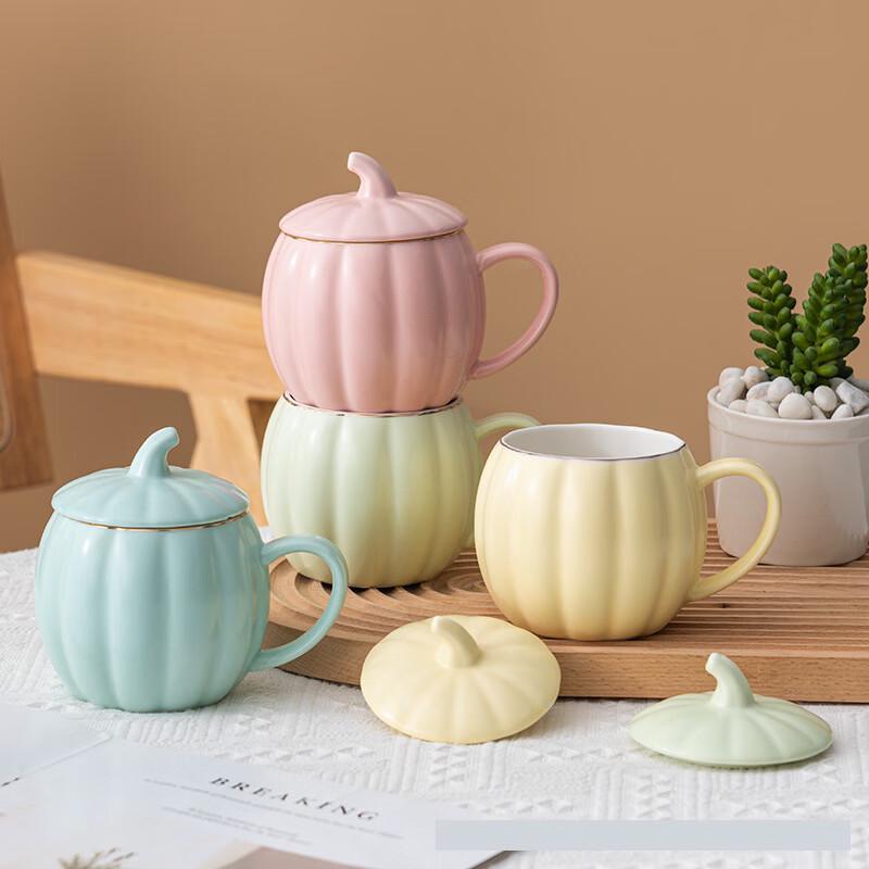 Xinglida Cute Pumpkin Ceramic Mug with Lid - Set of 2