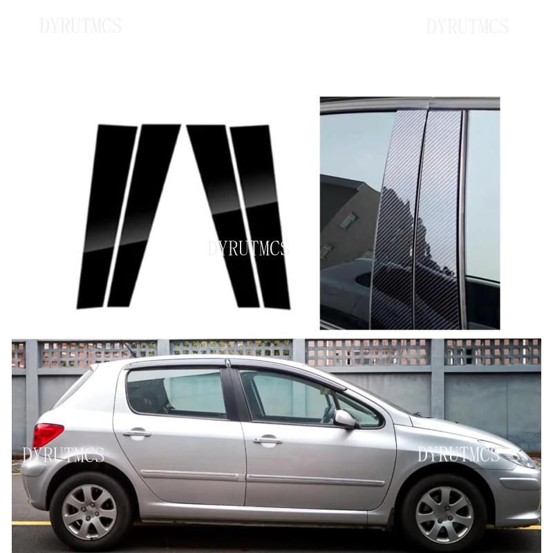 4PCS Door Window Column BC Trim Sticker Cover Pillar Post Fit For Peugeot 307 Hatchback/Sedan 2004-2013 Glossy Black Carbon