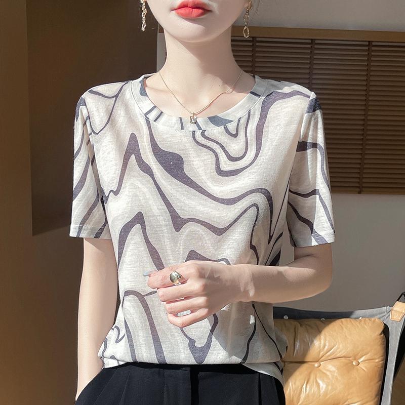 

Spring Summer Charaisel Floral Knitted Short-sleeved T-shirt Design Sense Fashion Bottoming Tie-dye Printed Short-sleeved Women S