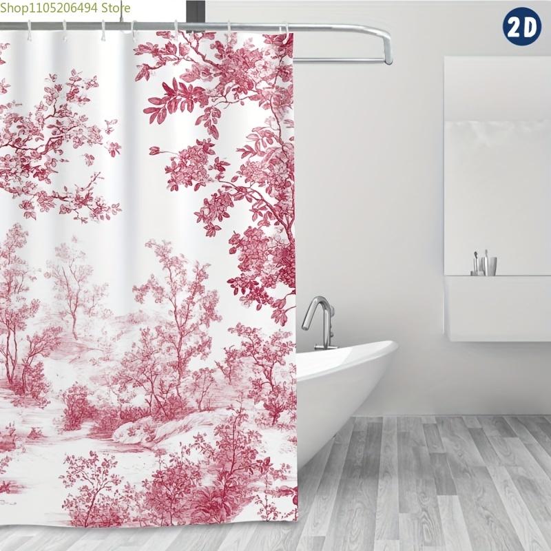 1pc French Toile De Jouy Cherry Blossom Shower Curtain - Pink Floral Pattern with Gingham Hooks, Durable Machine-Washable Suit