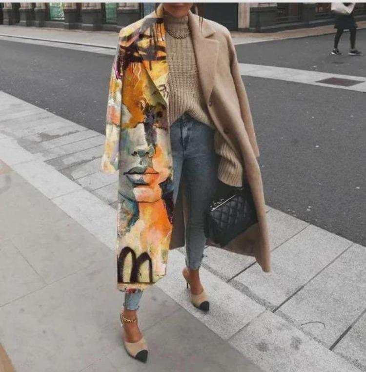 2025 European American Style Women Long Woolen Coat Autumn Winter Printed Fashion