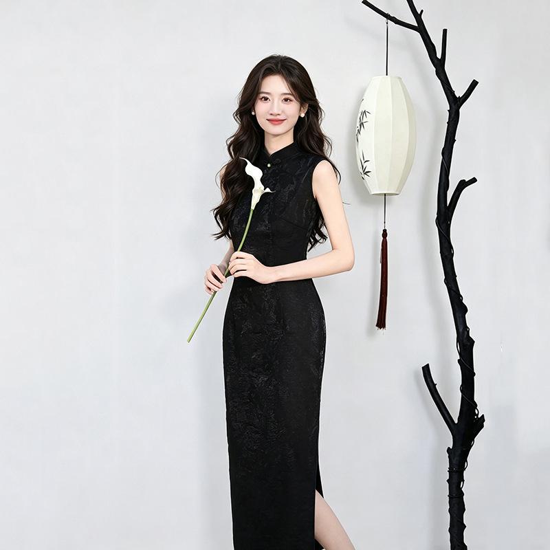 Siyah, ulusal tarz, yeni Çin tarzı, Suzhou kolsuz uzun cheongsam, geliştirilmiş genç 1011 yeni kadın yüksek kaliteli