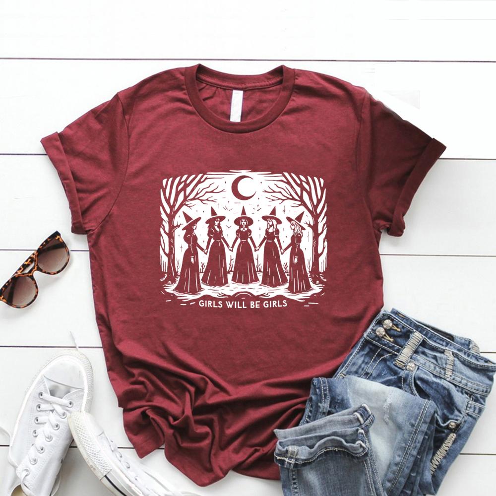 Vintage Girls Will Be Girls Witch T-Shirt Funny Witch T Shirt Halloween Women T-shirts Short Sleeve Witchy Vibes Tshirt