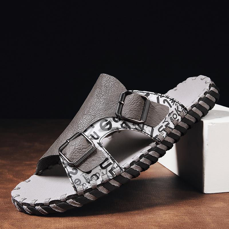 

FashionSummer sandals handmade sewing Cool High Quality beach Slippers for Men Shoes Leather Fashion Antiskid Sandals men 10 серый
