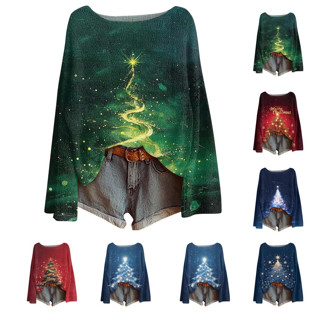 Ladies' Fashionable Casual Long Sleeved Christmas Printed Round Neck Knitted Yarn