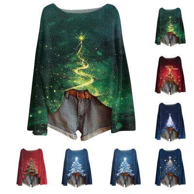 Ladies' Fashionable Casual Long Sleeved Christmas Printed Round Neck Knitted Yarn