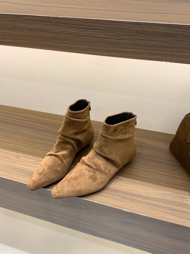 Thick Heel Square Head Suede Pile Boots Short Boots Women's Boots 2025 Spring and Autumn French Small Naked Boots Khaki Martin Boots