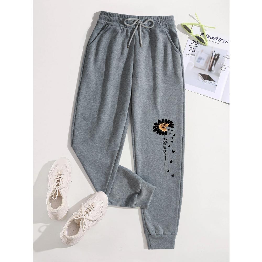 Creative Love Flower Print Women Elastic Waist Pants Jogger Fleece Drawstring Long Pant Fashion Sports Sweatpants