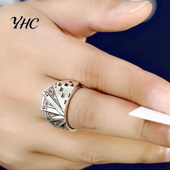 Anello Poker Carta Retro Unisex Giocante Regolabile Aperto Inciso Gioiello per Festa