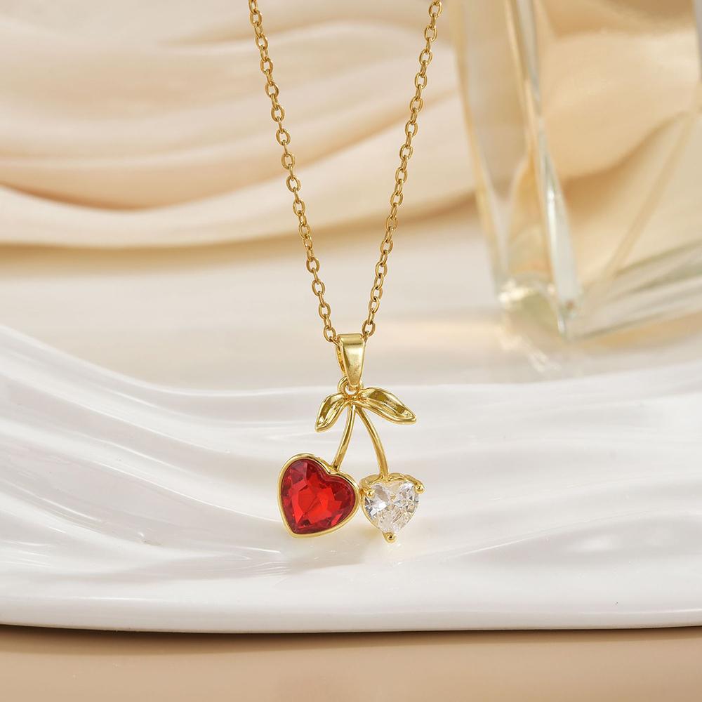 Colorful Zircon Cherry Pendant Necklaces For Women And Girls Stainless Steel Fashion Romantic Jewelry Accessories Gifts