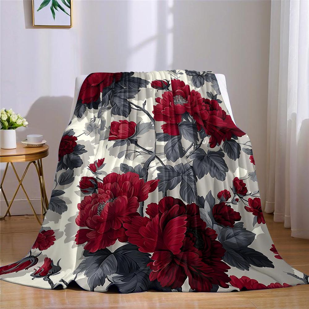 Crimson Peony Vine Flannel Blanket Warm Soft Halloween Christmas Couch Warm Cozy Decorative Decor Gift for All Season