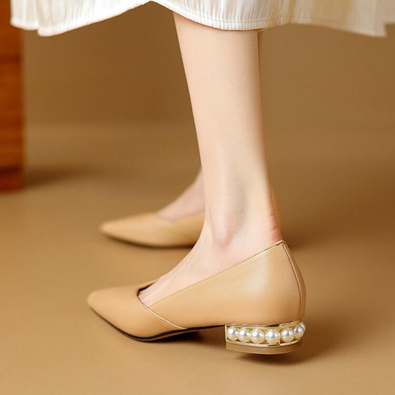 Fashion NEW Spring Women Pumps Split Leather Shoes for Women Pointed Toe Low Heel Women Pumps Pearl Handmade Shoes Concise Ladies Shoes