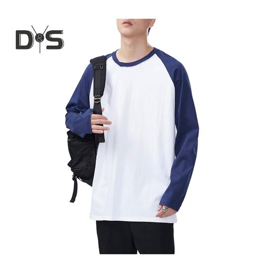 Men Spring Autumn T-shirt Color Matching Loose Round Neck Long Sleeves Pullover Top Casual School Sport Clothes