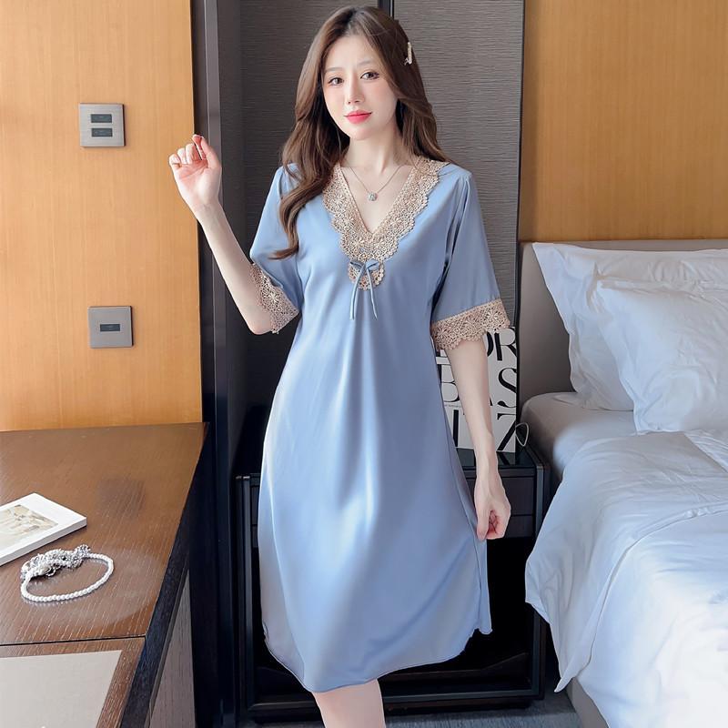 Silk Pajamas, Spring And Summer, Thin Sexy Sweet Lace Embroidered Short-Sleeved Dresses, Nightdresses, Loungewear