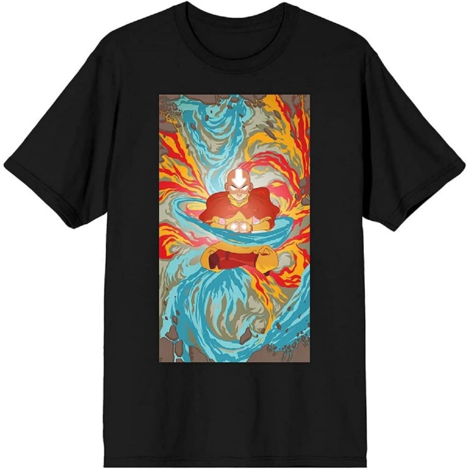 Аватар: Легенда об Аанге Аанг с четырьмя стихиями Черная футболка с графикой S