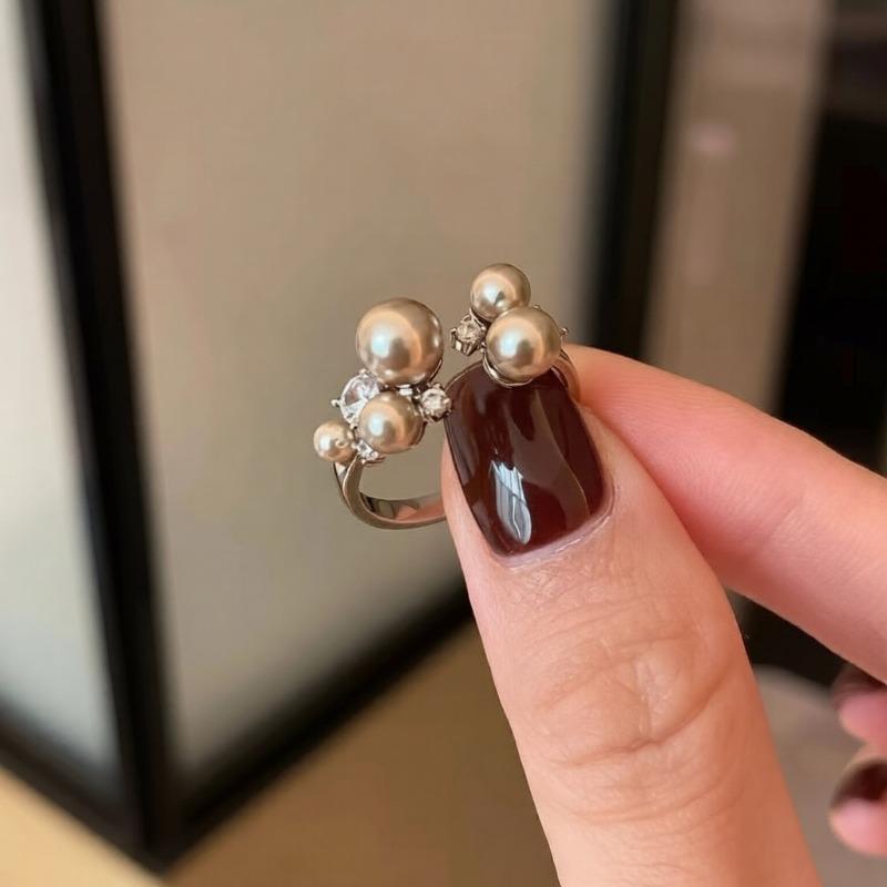 Cold wind zircon pearl opening ring Korean elegant temperament versatile index finger ring light luxury high-end jewelry women