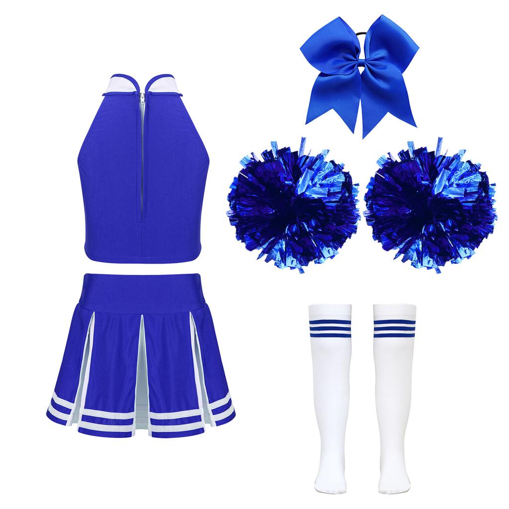 Kids Girls Cheerleading Set Sleeveless Zipper Top Pleated Skirt Bowknot Headwear 2 Hand Flowers Striped Tube Socks for Performance