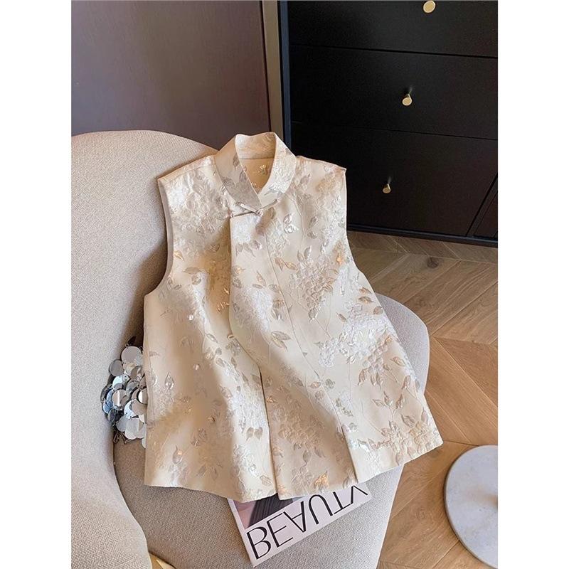 Retro jacquard stand-up collar disc-buckled vest for women's spring and autumn design sense of wear and versatile stacked vest