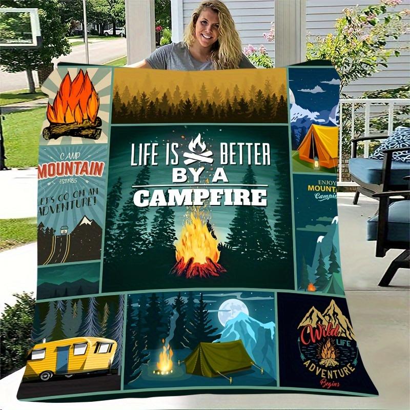 Happy Camping Print Flannel Blanket for Outdoor Hiking Camping, Ideal Camping Themed Gift