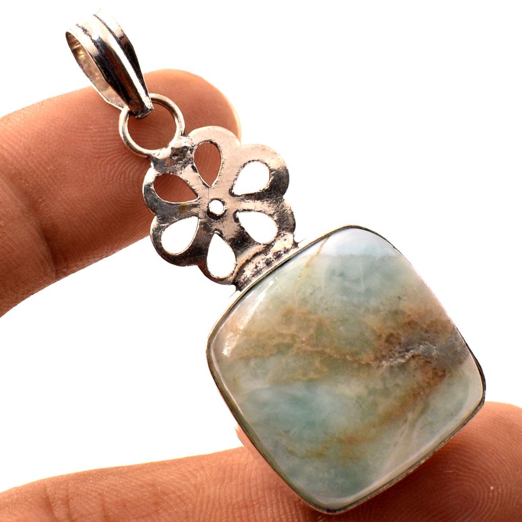 Caribbean Larimar Gemstone Pendant Handmade Unique Design Jewelry 2.2" P7I94