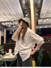 Korean V-Neck Puff Sleeve Shirt - Women's Early Autumn Loose Waist-Cinched Top