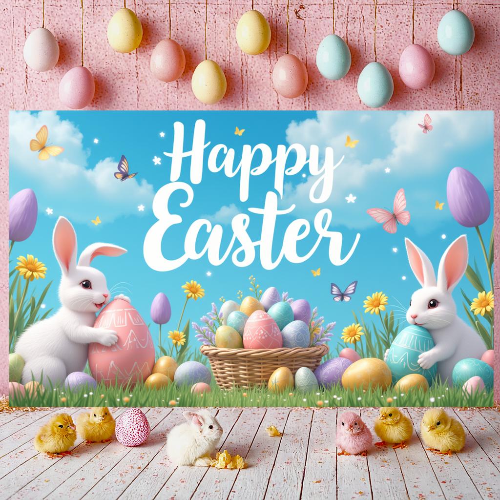 Bunny Background Easter Eggs Decor Easter Backdrop Happy Easter Display Wooden Texture For Family Gathering Spring Celebration