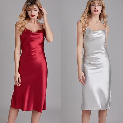 Women's Summer Cami Sleepwear Comfortable Faux Silk Homewear Elegant Slip Dress Draped Neck Nightdress Solid Long Loungewear