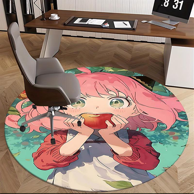 1pc Anime Design Round Carpet Cute Girl Eating Apple with Green Leaves Background, Office Chair Mat, Non Slip Rug, Living Room, Bedroom, Game Room