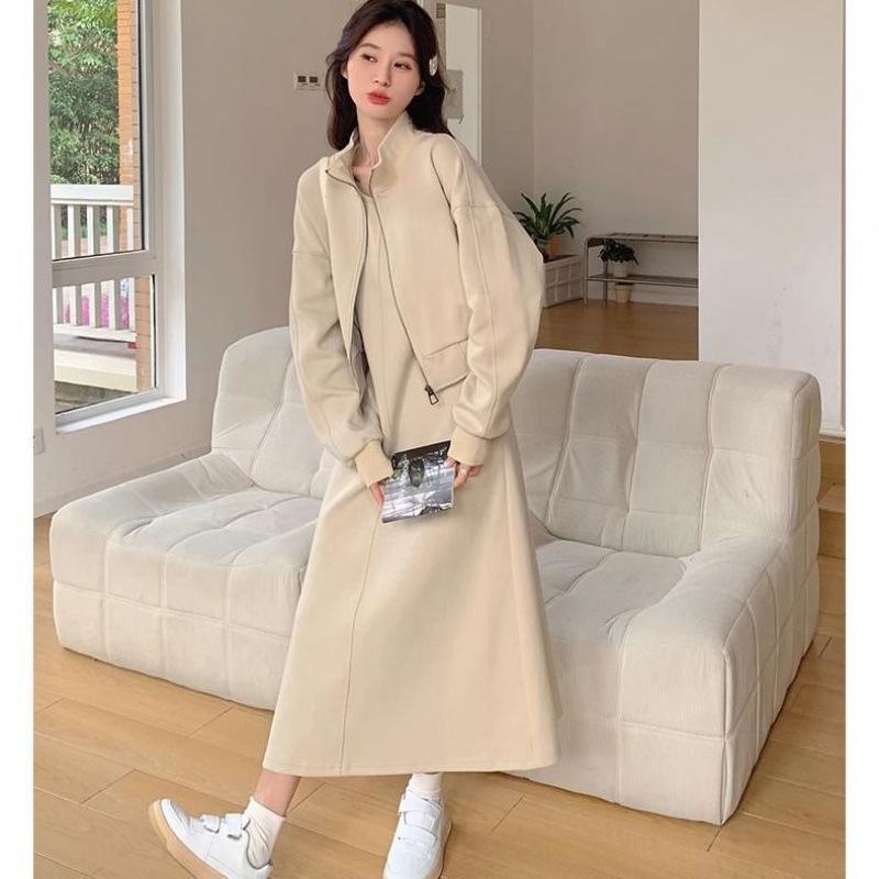 Schickes Übergrößen-Schlankheitsweste- und Kleider-Set - 300 Jin Frühling/Herbst Bauchbedeckendes, altersreduzierendes zweiteiliges Outfit für Damen