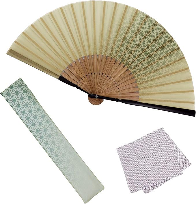 

[Osaka Choseido] Men s Folding Fan, Stylish Business Fan Bag, Folding Fan Case with Handkerchief, Beige, Hemp Leaf Pattern
