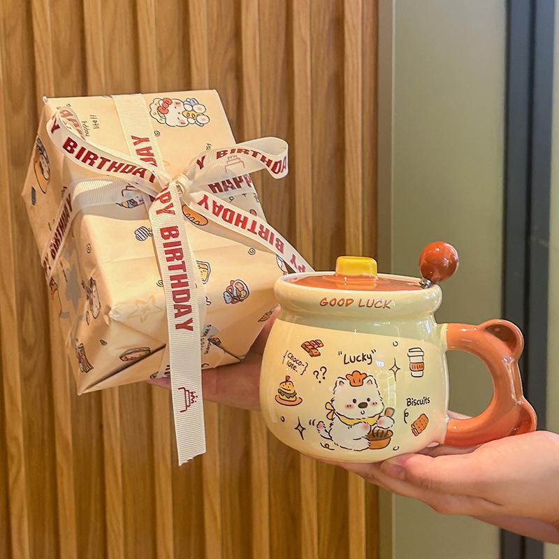 Birthday Gift Cute Cream Puppy Water Cup Girls Ceramic Mug with Lid Girlfriend Children Practical Souvenir