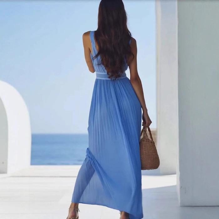 Women Halter Neck Plunging V Neck Maxi Dress Button Detail Pleated Backless Summer Beach Dress
