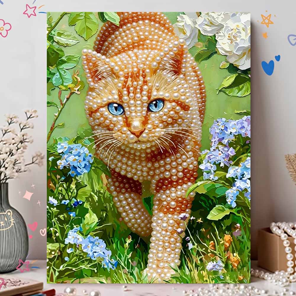 3D Pearl Painting Kit Ginger Cat Design Frameless DIY Bead Art Canvas Leisure Handmade Craft for Bedroom Wall Decor