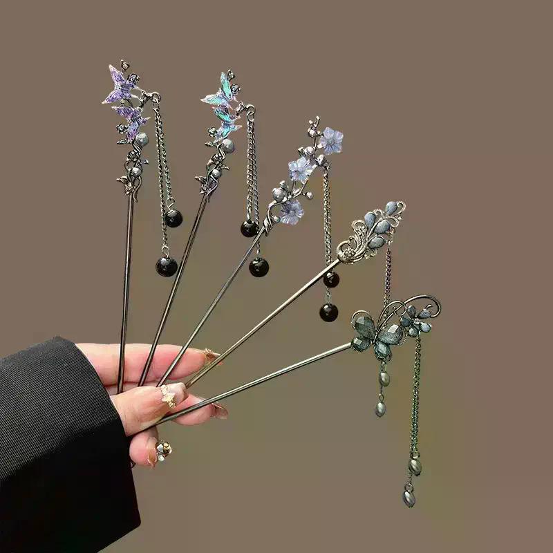 Chinese Style Flower Tassel Hairpin Vintage Floral Pearl Hair Stick Exquisite Elegant Metal Jewelry Hair Accessory
