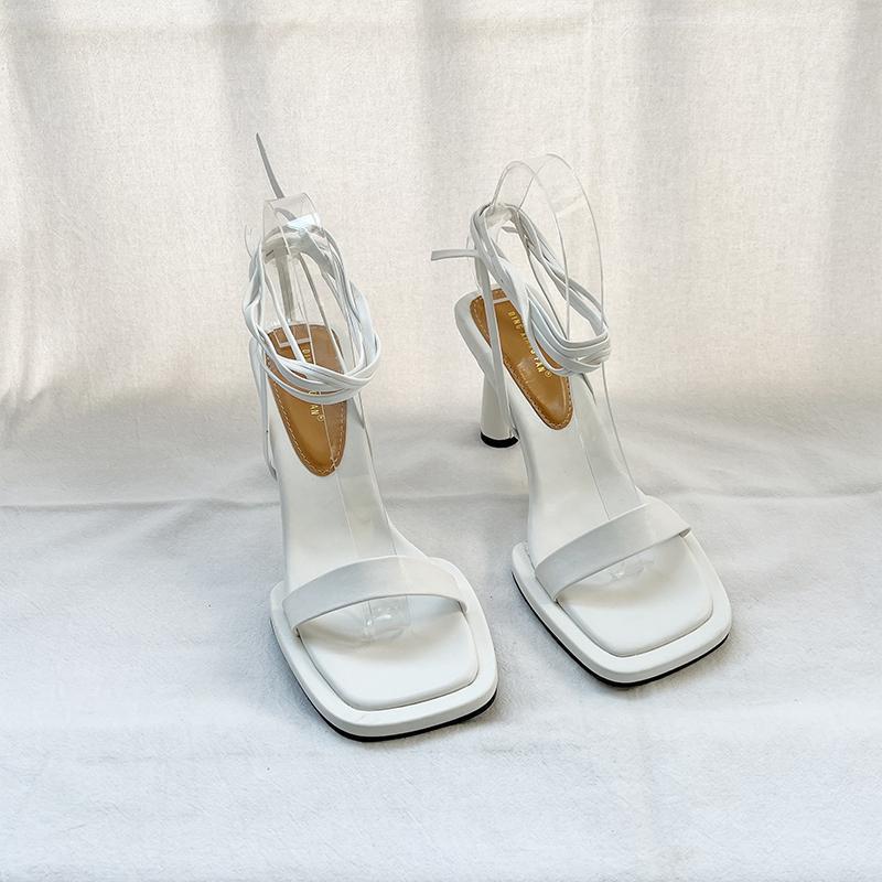 2025 Spring and Summer Fairy Wind Square Head Word with Sandals Female Internet Celebrity Strap Stiletto Cross Strap Celebrity High Heels