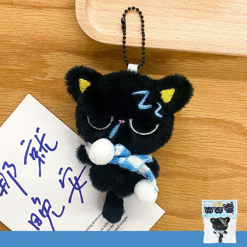 1PC Black Cat Bag Pendant Accessories Doll Pendant Cute Bag Keychain Key Ring Gifts Plush Phone Charms with Stripe Scarf
