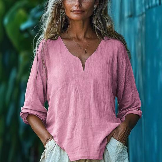 Women Tops Soft Fabric Breathable Loose Fit Blouse Three-Quarter Sleeve V-Neck Casual Spring Summer Shirt