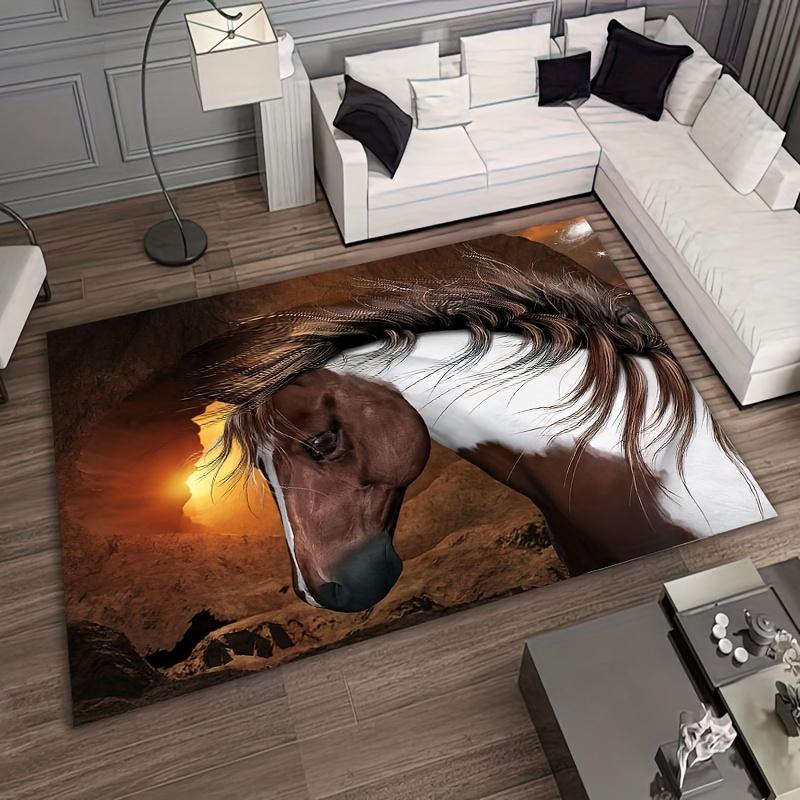 Majestic Horse 3D Tattoo Rug - Soft Non-Slip Polyester Mat for Living Room Kitchen Bathroom, Brown White Sunset Art Indoor Decor