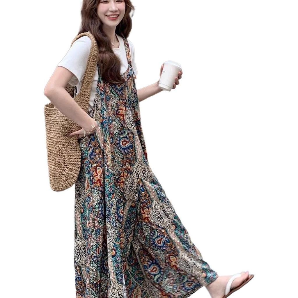 Retro Bohemian Patchwork Wide-Leg Jumpsuit for Women - Strappy, Casual, and Versatile Summer Style