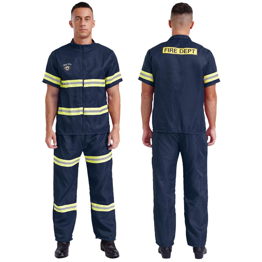 Adult Firefighter Dress Up Suit - 4-Piece Costume with Short Sleeve Jacket, Pants, Belt & Safety Helmet