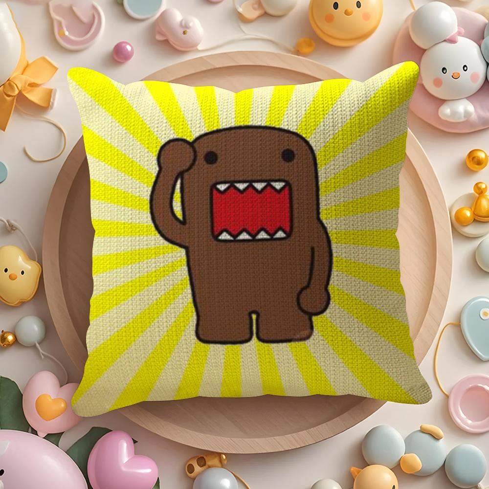 Cartoon Funny Domo-Kun Cushion Cover Linen Organic Fabric Double-Sided Printing Breathable Pillow Case Sofa Home Decor Gift