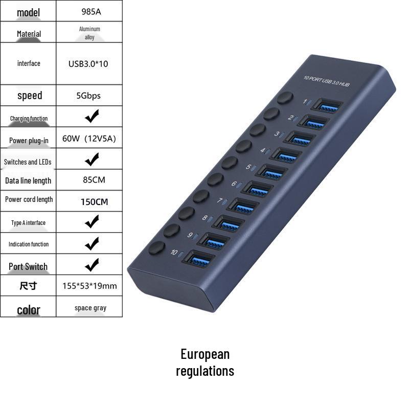 10-Port USB 3.0 Hub with Independent Switches and High Current Expansion Dock