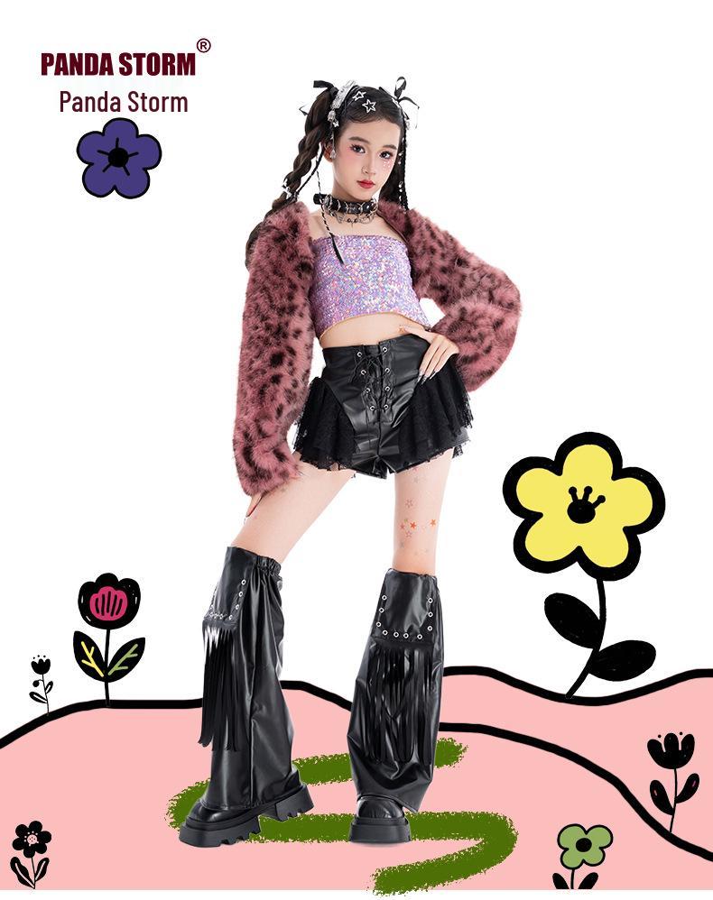 Costum de Dans Sequin Blană cu Imprimeu Leopard pentru Fete – Set Jachetă și Pantaloni pentru Spectacole