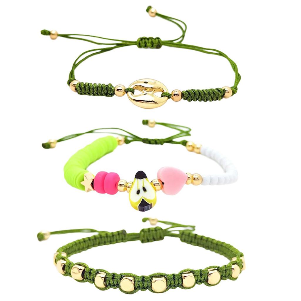 3pcs Bohemian Styles Elegant Bracelets with Pig Nose Beads and Soft Clay Fruit Charm Accessory for Everyday Wear