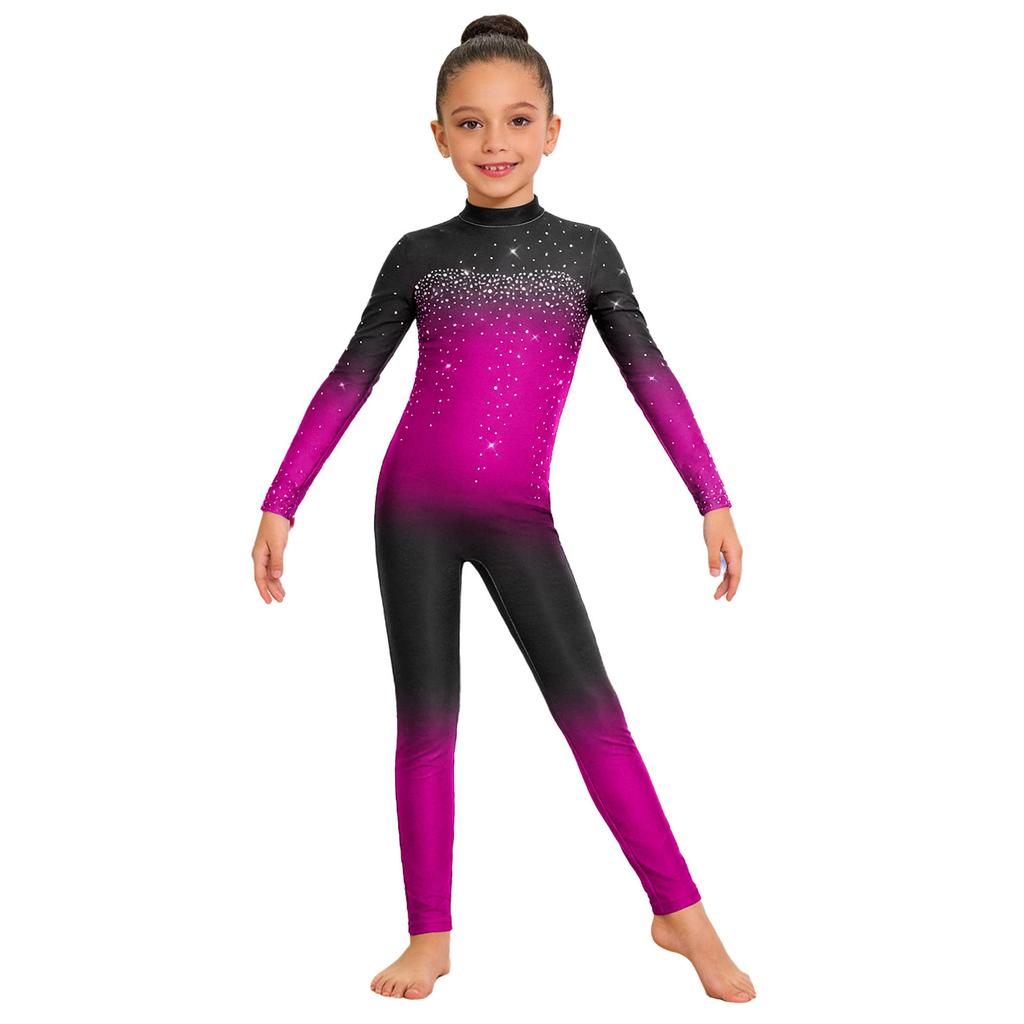 Kids Girls Asymmetrical Rhinestone Ballet Dance Leotard Sheer Mesh Gymnastics Jumpsuit Full Body Suit Figure Skating Dancewear