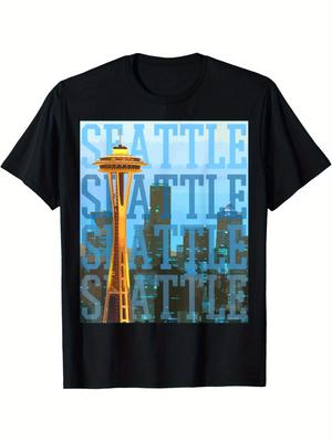 Męska koszulka z grafiką panoramy Seattle Space Needle, casualowa, bawełniana, z okrągłym dekoltem, codzienna