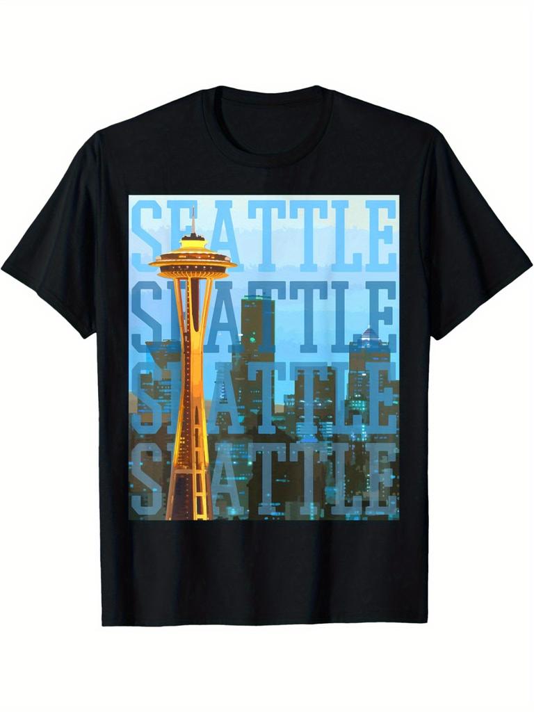 Męska koszulka z grafiką panoramy Seattle Space Needle, casualowa, bawełniana, z okrągłym dekoltem, codzienna