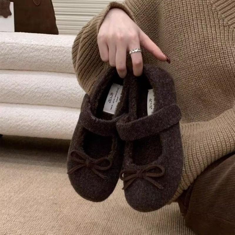 Fashion Women's Felt Mary Jane Shoes with Bow Detail Cozy and Cute Flat Shoes Woolen Fabric Flats Ladies Comfort Outdoor Warm Cotton