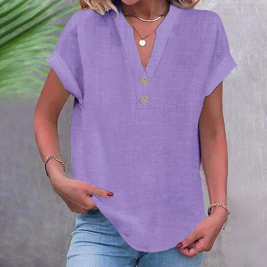 Camicia da donna a maniche corte con colletto alla coreana tinta unita, estate 2024