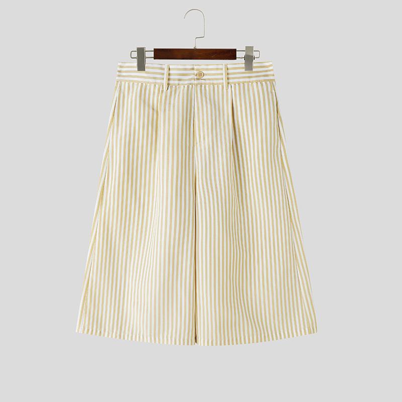 INCERUN Summer Men Zip-up Waist Striped Loose Capri Pants S хаки